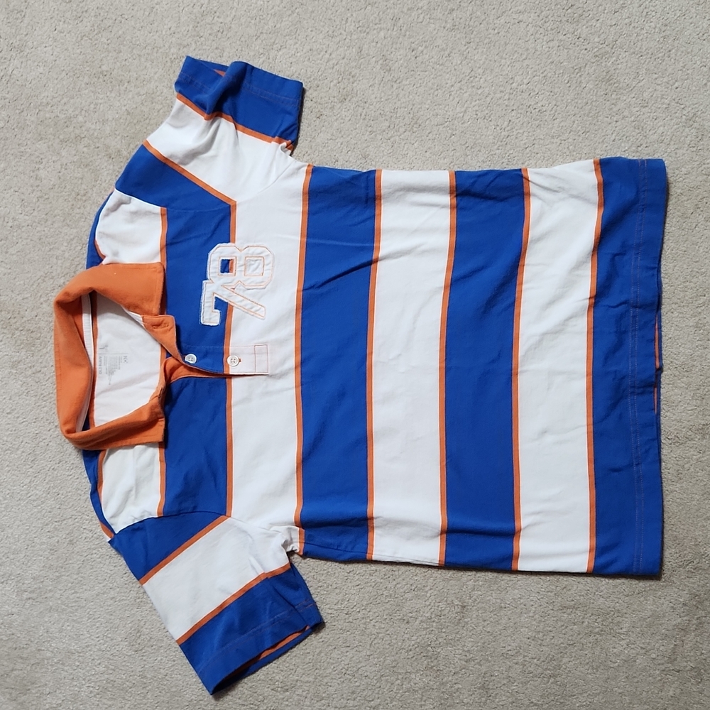 Old Navy Boys Button Down Short Sleeve Polo Shirt Blue White - L(10-12)